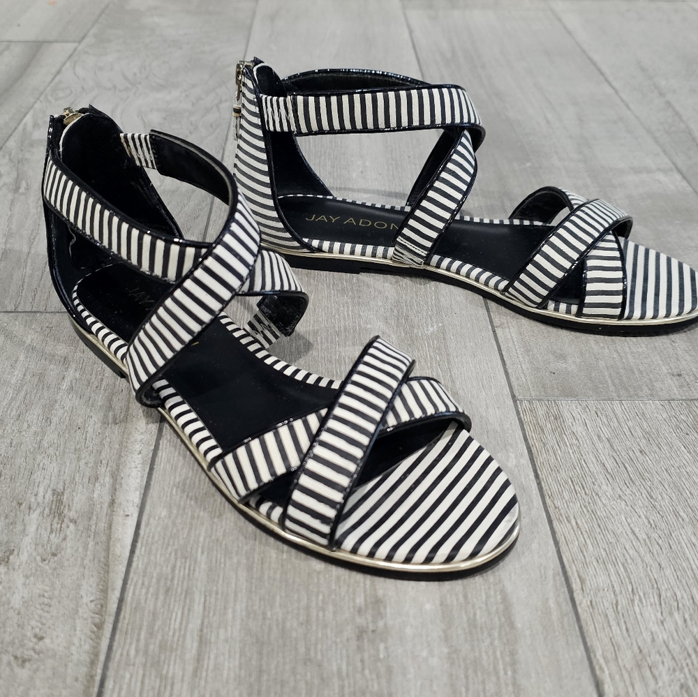 JAY ADONI Anthropologie Ellis Black White Striped Criss Cross Sandals 6M